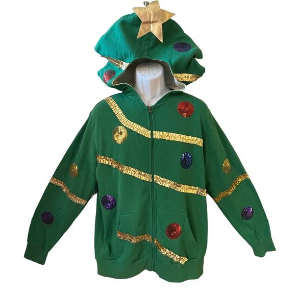 Mad Engine Christmas Tree Shaped Ugly Holiday Hoodie with Star Topper Size L - Picture 1 of 3